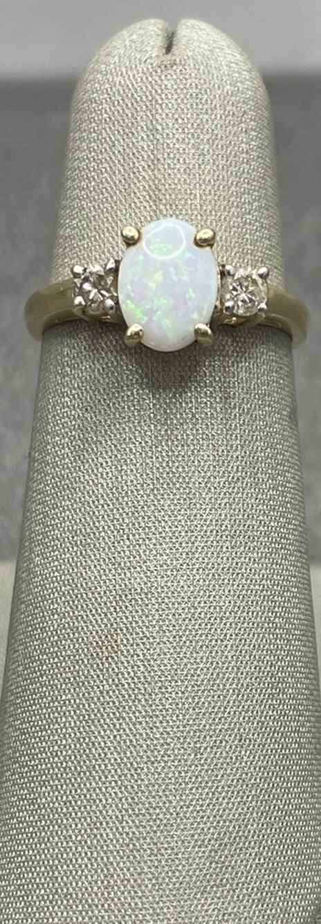 14K Yellow Gold Oval Opal Ring W/ Lab Diamond Accents (27370)
